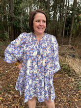 Load image into Gallery viewer, D22523 Floral print v-neck long sleeve mini dress featuring smocking detail