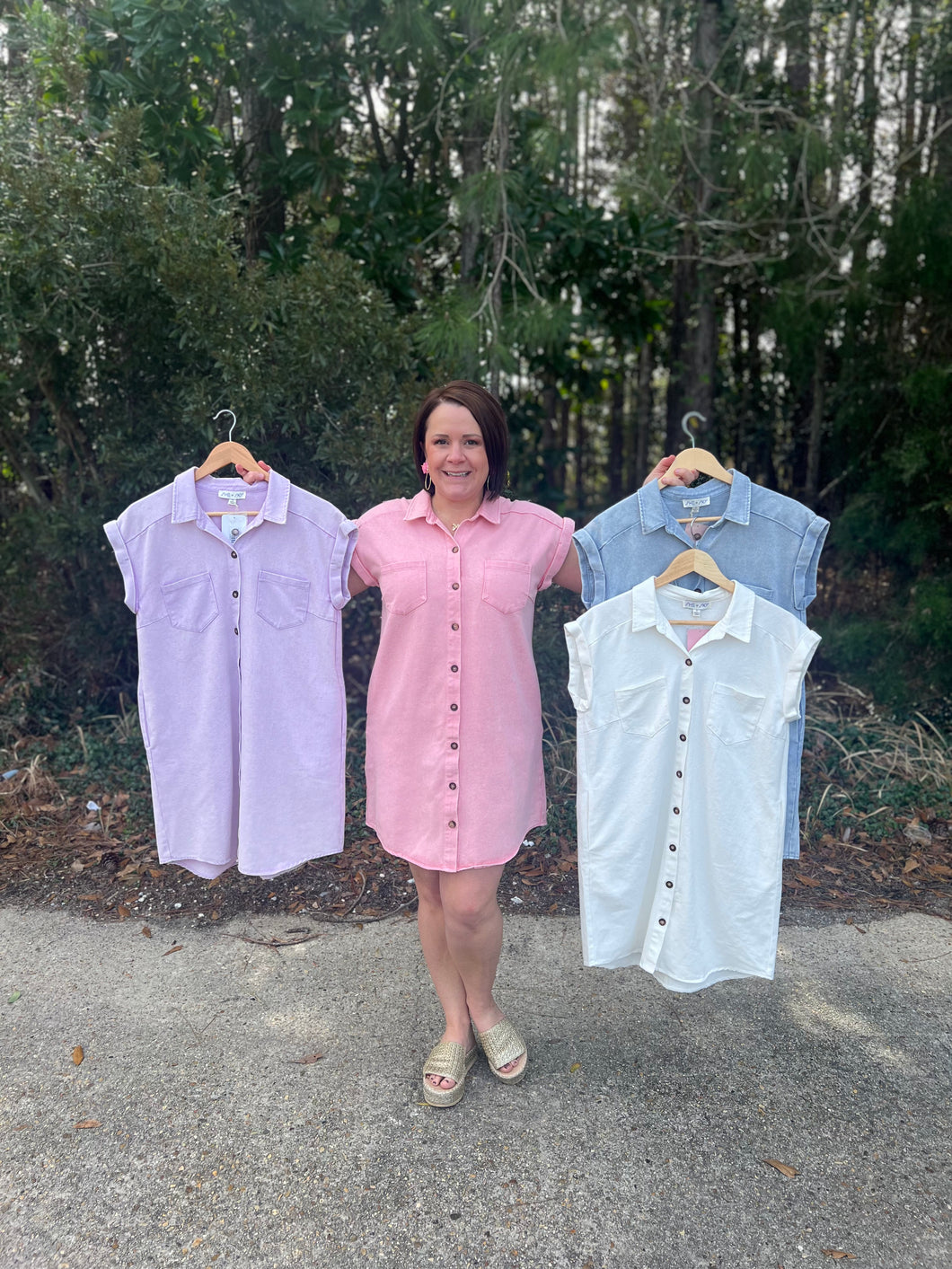 SY1077 Button Down Washed Twill Shirt Dress