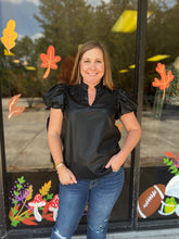 Load image into Gallery viewer, T21104 Faux leather short sleeve v-neck top featuring ruffle detail at neckline. Puff sleeves. Lined..