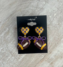 Load image into Gallery viewer, LSU Heart with Bow Football Gameday Earrings