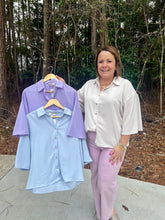 Load image into Gallery viewer, Solid collared 3/4 sleeve top featuring button up detail.