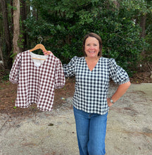 Load image into Gallery viewer, SHORT PUFF SLEEVE V-NECK WOVEN GINGHAM CHECKED TOP