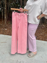 Load image into Gallery viewer, High waisted denim wide leg pants featuring pearl details at side