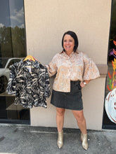 Load image into Gallery viewer, T21389 Satin printed half sleeve collared button up top featuring puff sleeves.