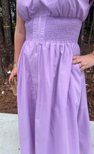 Load image into Gallery viewer, sleeveless midi dress featuring zipper closure at front with smocked waist