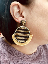 Load image into Gallery viewer, Black and Gold Fringe Disc beaded earrings