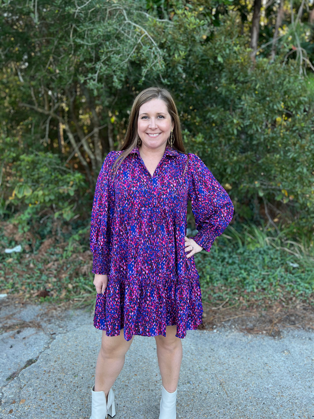 R0721 Mixed Print Collared Long Sleeve Dress with Ruffle Trim Detail