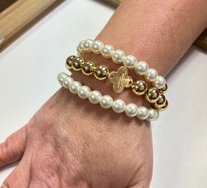 Pearl and Gold Beaded with clover set of 3 stretch bracelets