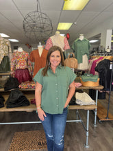 Load image into Gallery viewer, T21244 Solid button down collared top featuring pocket detail at bust.