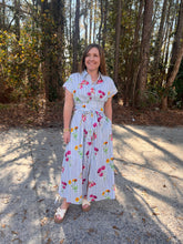 Load image into Gallery viewer, Floral stripe short sleeve midi dress featuring spread collar
