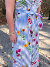 Load image into Gallery viewer, Floral stripe short sleeve midi dress featuring spread collar