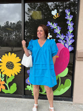 Load image into Gallery viewer, D22910 Solid v-neck puff sleeve mini dress featuring pleat detail. Button detail at front.