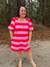 Load image into Gallery viewer, Bold stripe short puff sleeve mini dress featuring button closure at front and side pockets.