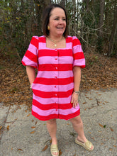 Load image into Gallery viewer, Bold stripe short puff sleeve mini dress featuring button closure at front and side pockets.