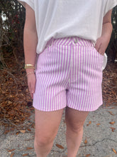 Load image into Gallery viewer, Striped shorts featuring belt loops and front button closure.