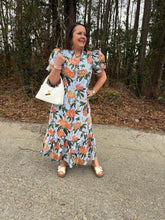 Load image into Gallery viewer, Floral print ruffled neck short puff sleeve midi dress featuring button closure at front