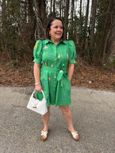 Load image into Gallery viewer, Botanical print short puff sleeve mini dress featuring front pleated panel detail.