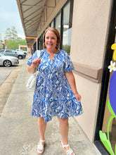 Load image into Gallery viewer, R0807 Paisley Split Neck A-Line Faux Button Dress with Velvet Tape &amp; Balloon Sleeve