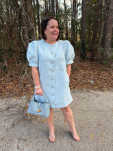 Load image into Gallery viewer, Textured jacquard short puff sleeve mini dress featuring gold ring button detail