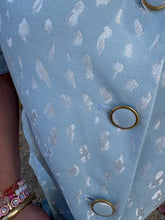 Load image into Gallery viewer, Textured jacquard short puff sleeve mini dress featuring gold ring button detail