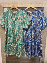 Load image into Gallery viewer, R0807 Paisley Split Neck A-Line Faux Button Dress with Velvet Tape &amp; Balloon Sleeve