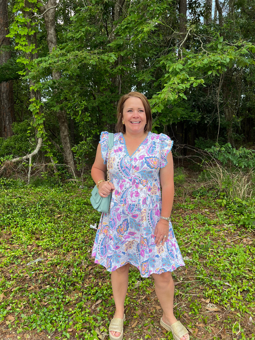 C3789 Paisley Print V-Neck Tiered Short Dress with Lace Trim Scalloped Details