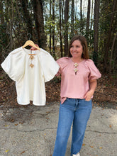 Load image into Gallery viewer, Round Neck Short Bubble Hem Sleeve Top with Button Detail