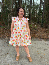 Load image into Gallery viewer, Ruffled cap sleeves front button up floral dress with side pockets