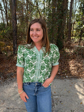 Load image into Gallery viewer, Short puff sleeves top Baroque floral print top with stripe contrast