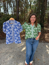 Load image into Gallery viewer, Short puff sleeves top Baroque floral print top with stripe contrast