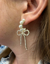 Load image into Gallery viewer, Pearl Hoop with Gold Rhinestone Bow Earring