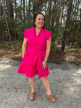 Load image into Gallery viewer, Cap sleeves v neck solid dress with pleat detail, waist tie
