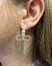 Load image into Gallery viewer, Pearl Hoop with Gold Rhinestone Bow Earring