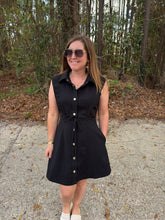 Load image into Gallery viewer, Solid sleeveless mini dress featuring button closure at front.