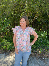 Load image into Gallery viewer, T23158 Floral print v-neck ruffle sleeve top featuring self tie at neck.