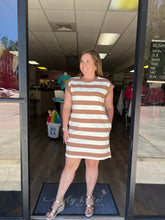 Load image into Gallery viewer, D22406 Stripe sleeveless mini dress featuring pockets at side.