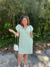 Load image into Gallery viewer, D23186 Textured v-neck short ruffled sleeve mini dress featuring pockets at side.