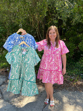 Load image into Gallery viewer, R0807 Paisley Split Neck A-Line Faux Button Dress with Velvet Tape &amp; Balloon Sleeve