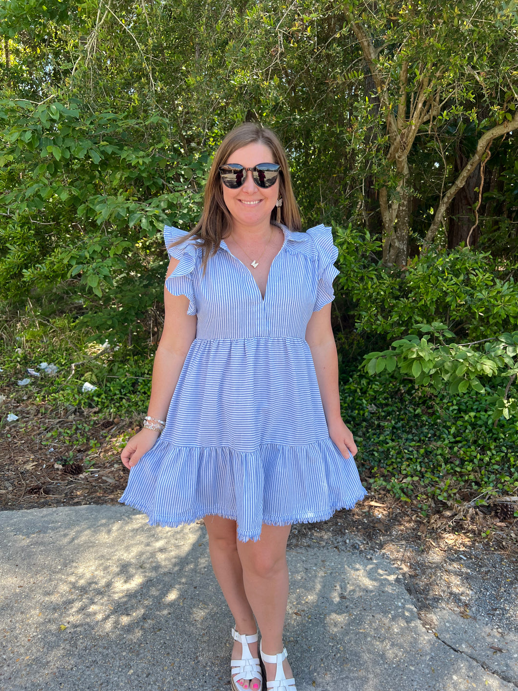 K7955 V-Neck Collared Dress with Ruffle Sleeves and Fray Details