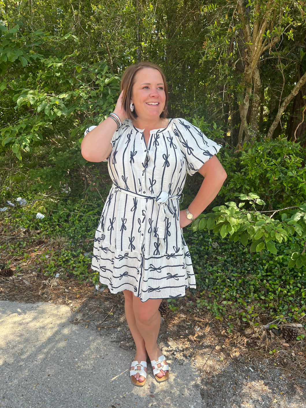 R9066 Two Tone Bow Print Flutter Button Down Dress with Belt Front Tie & Puff Short Sleeves