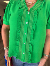 Load image into Gallery viewer, Short sleeves button down crinkled solid top with ruffle detail