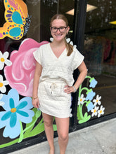Load image into Gallery viewer, textured v-neck short sleeve cropped top and skirt
