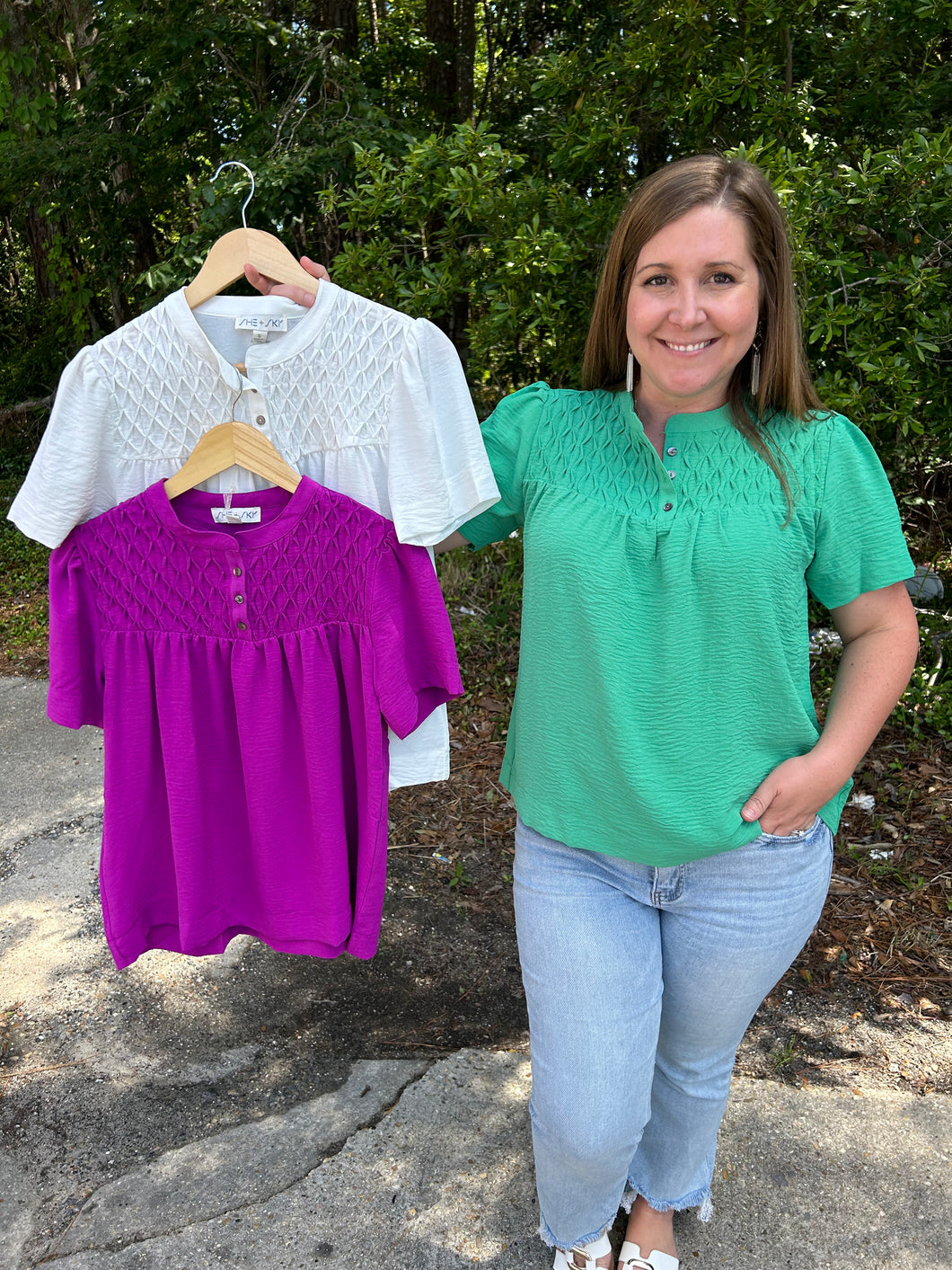 SY6559 Half Sleeve Pintuck Woven Top