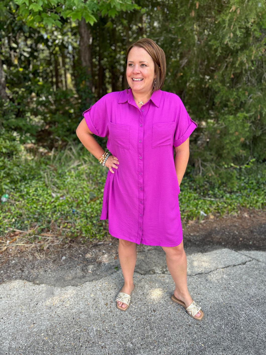 SY6353 Drop Shoulder Button Up Woven Shirt Dress