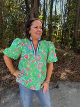 Load image into Gallery viewer, Botanical print short puff sleeve top featuring ruffled accent