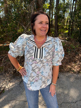 Load image into Gallery viewer, Floral plaid print short puff sleeve top featuring striped zip placket