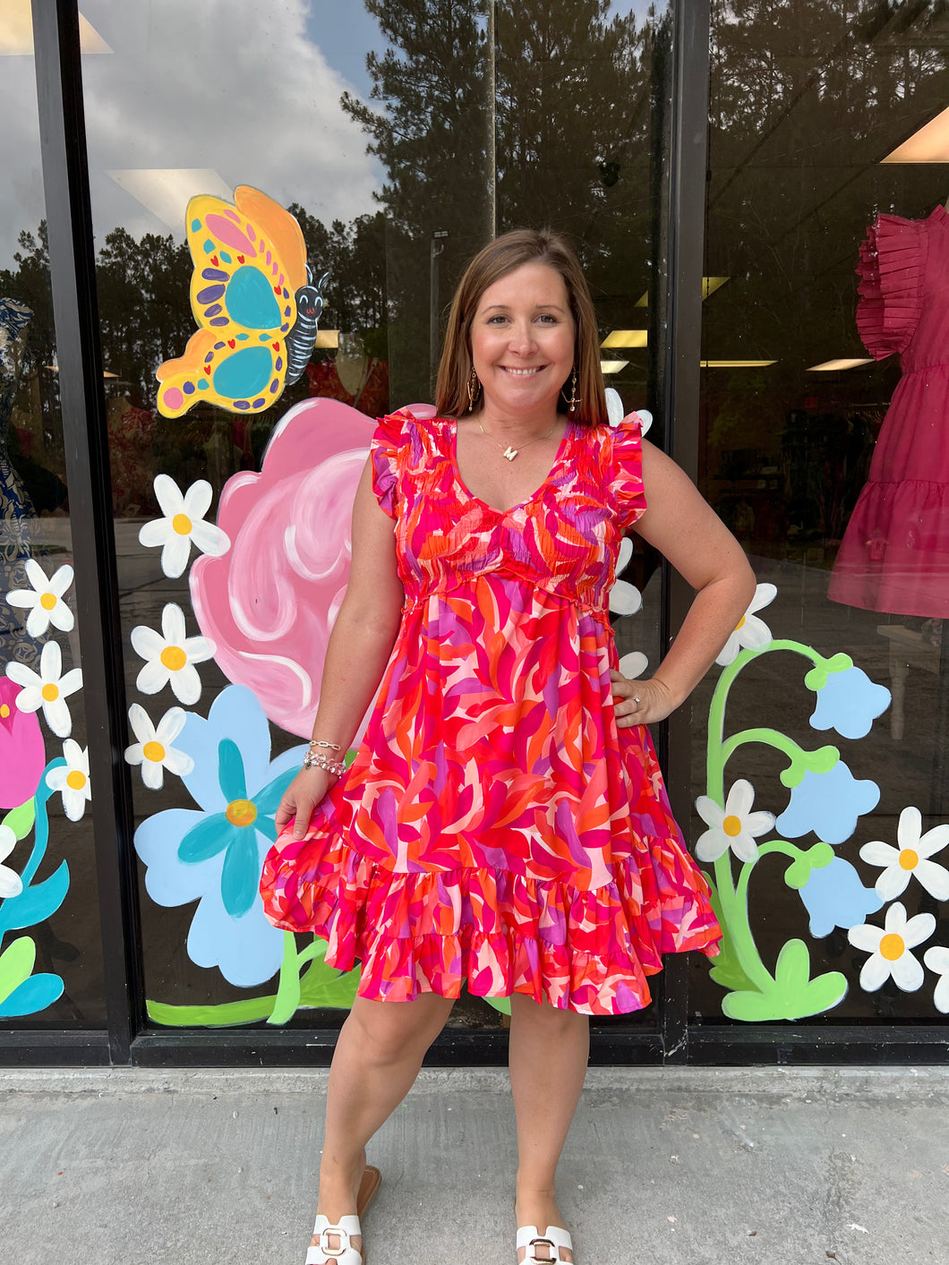 SY6195 V Neck Smocked Ruffle Hem Dress