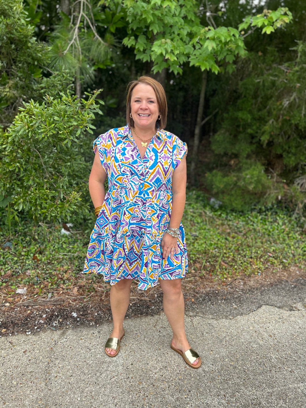 R9014 Aztec Printed Tiered Short Collared Mid Button Dress with Side Pockets