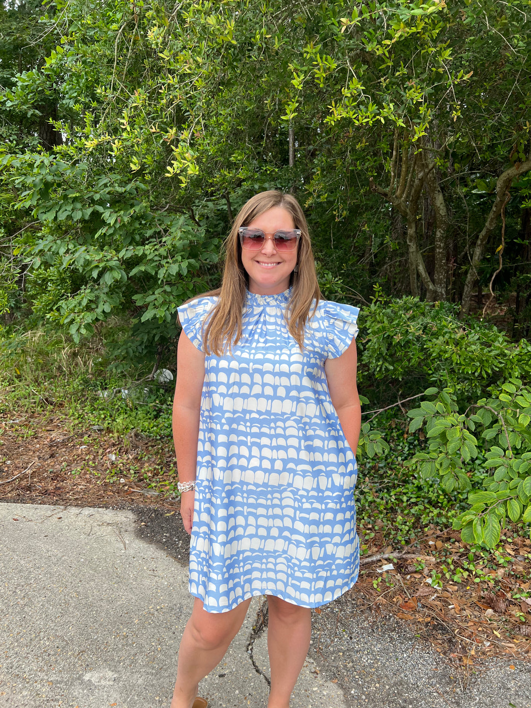 G11436 Satin Print Dress with Pockets