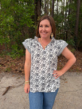 Load image into Gallery viewer, Mixed Print Ruffle Tie Neck Flutter Sleeve Top
